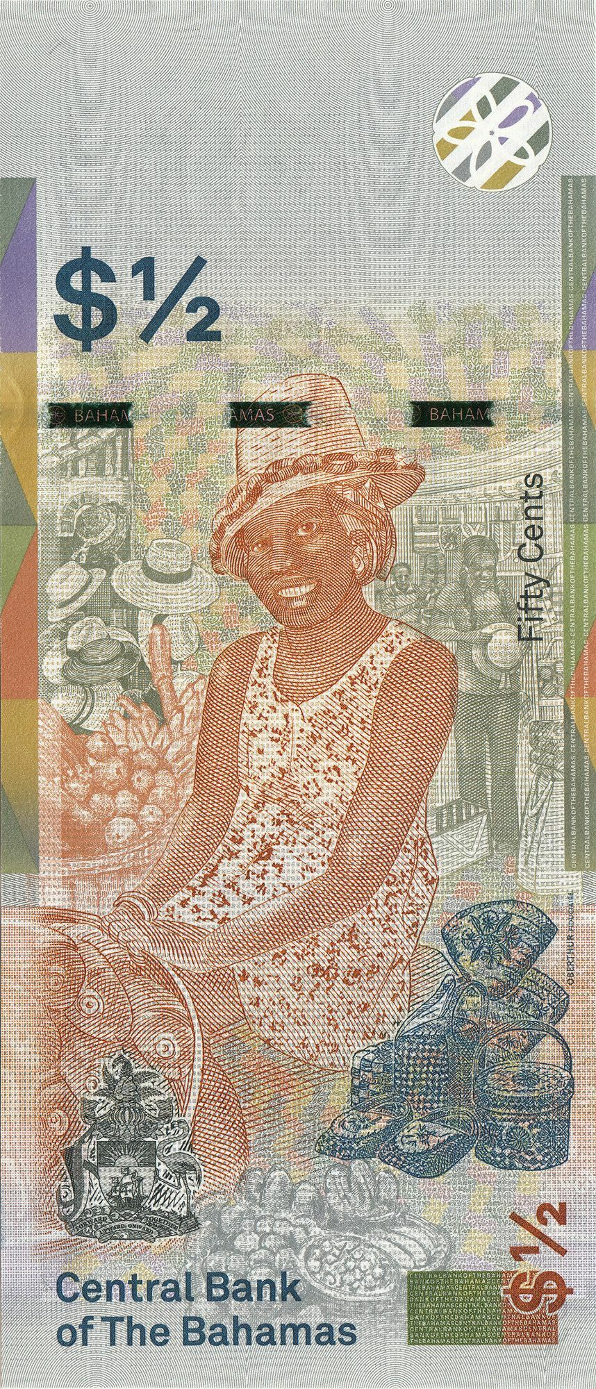 1/2 Dollar of Bahamas Country (AD 2019) with Front-facing bust of Queen Elizabeth II/Sister Sarah in Nassau Market