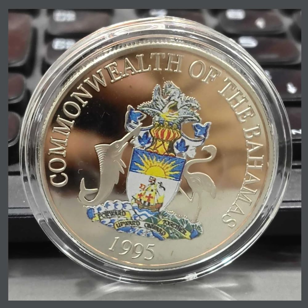 Reproduction Coin - Bahamas 2 Dollars 1995 Elizabeth II Hibicus Flower Commemorative UNC Beautiful Coloured Rare Silver Plated Coin