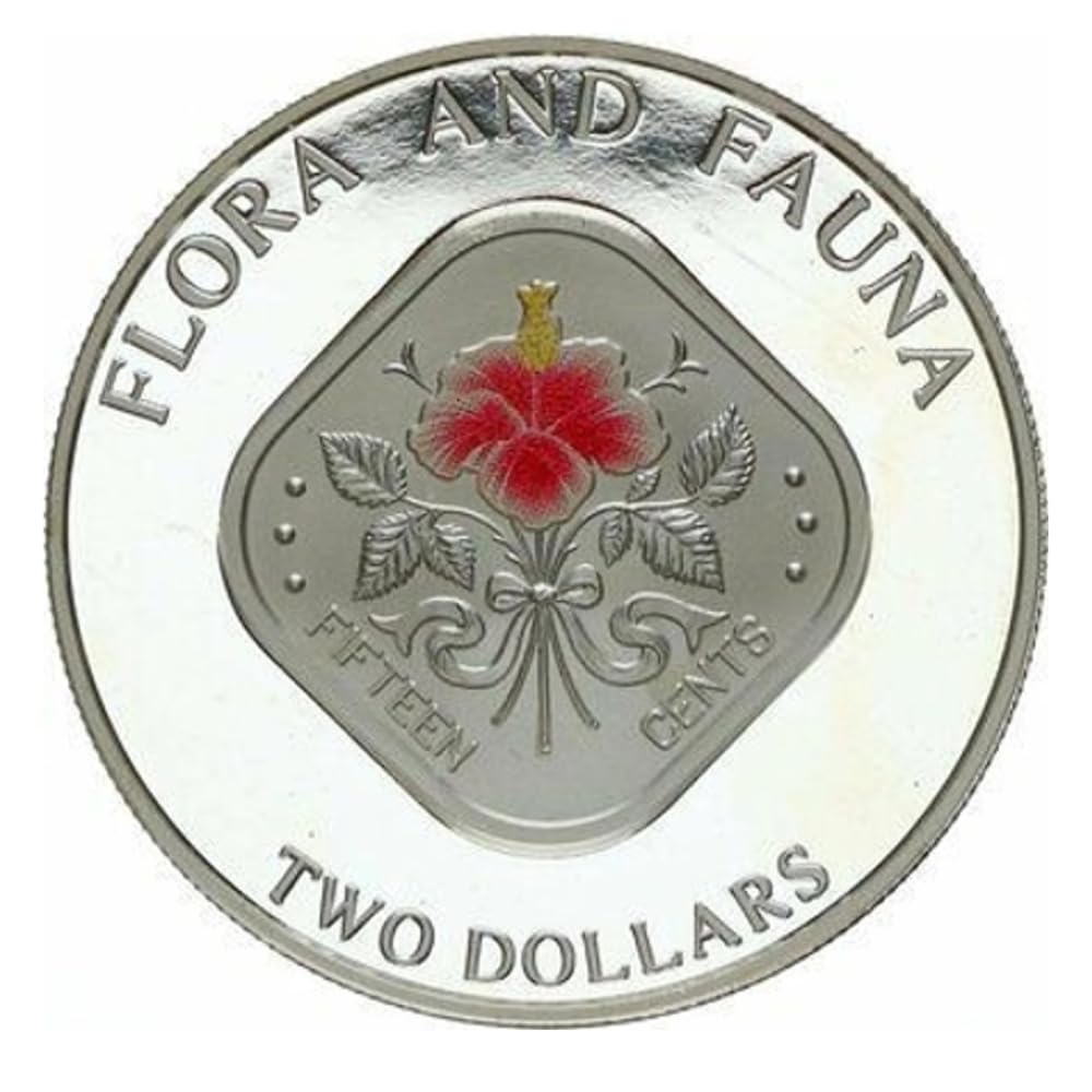 Reproduction Coin - Bahamas 2 Dollars 1995 Elizabeth II Hibicus Flower Commemorative UNC Beautiful Coloured Rare Silver Plated Coin