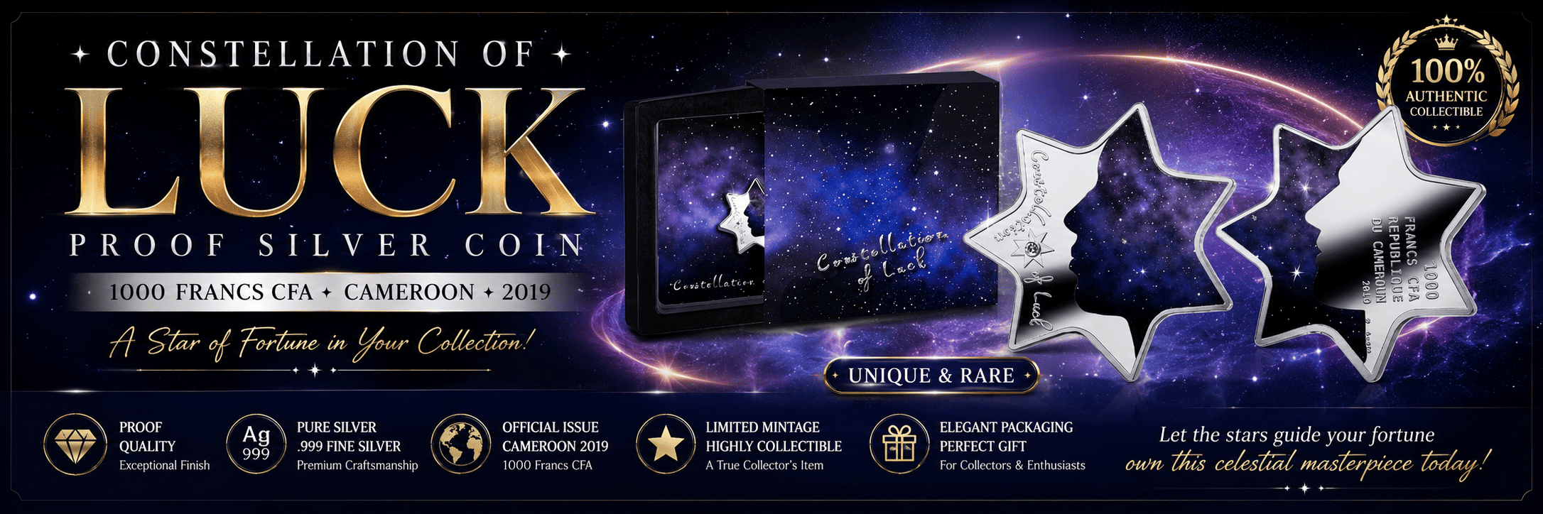 Constellation of Luck Proof Silver Coin 1000 Francs CFA Cameroon 2019 Unique and Rare