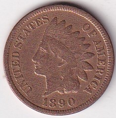Indian Head Cleaned Condition One Cent 1890 Bronze Coin