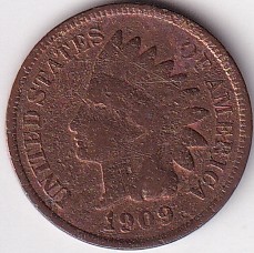 Indian Head Cleaned Condition One Cent 1909 Bronze Coin