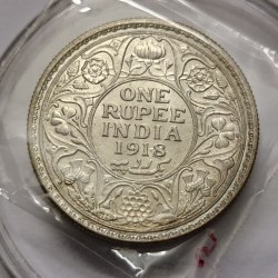 Alternative view of British India One Rupee 1918 Silver Coin BUNC RARE
