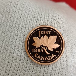 Alternative view of Elizabeth II DG Regina 1 Cents Copper Proof Coin 1985 Year Royal Canadian Mint