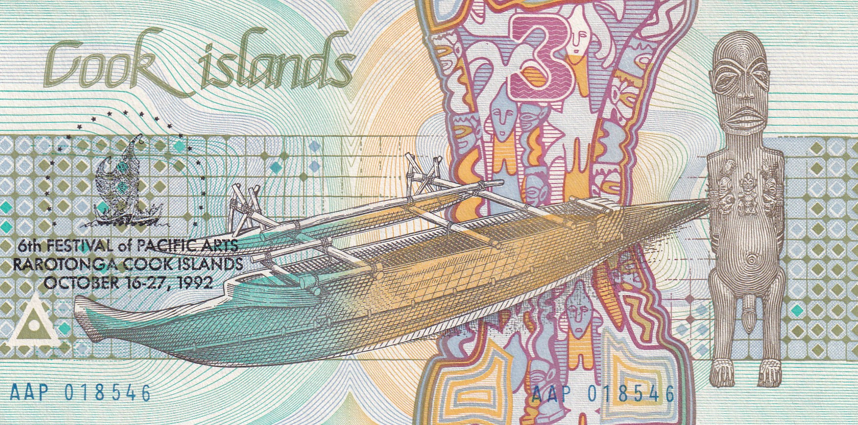 Cook Islands 3 Dollars 1987 Series Rare Unc Note#B2