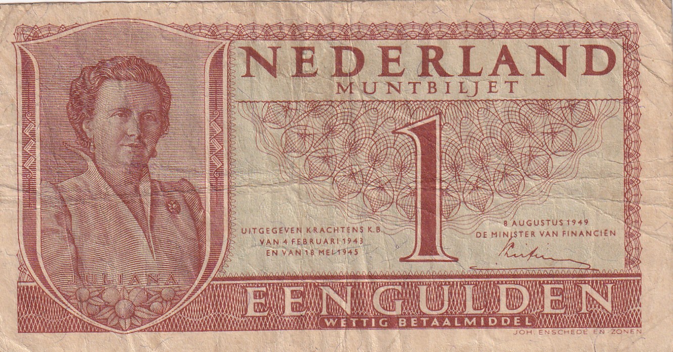 Netherlands 1 Gulden -(Juliana Coin note) 1949 Series Rare Note#B2