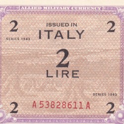 Italy 2 Lire (Allied Military Currency) 1943 Series Rare Unc Note#B2