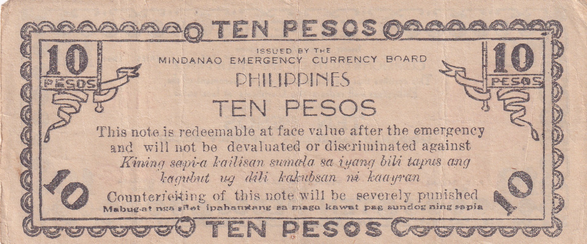 Philippines › Mindanao, 10 Pesos (1944) Old Issue Rare Note #B2
