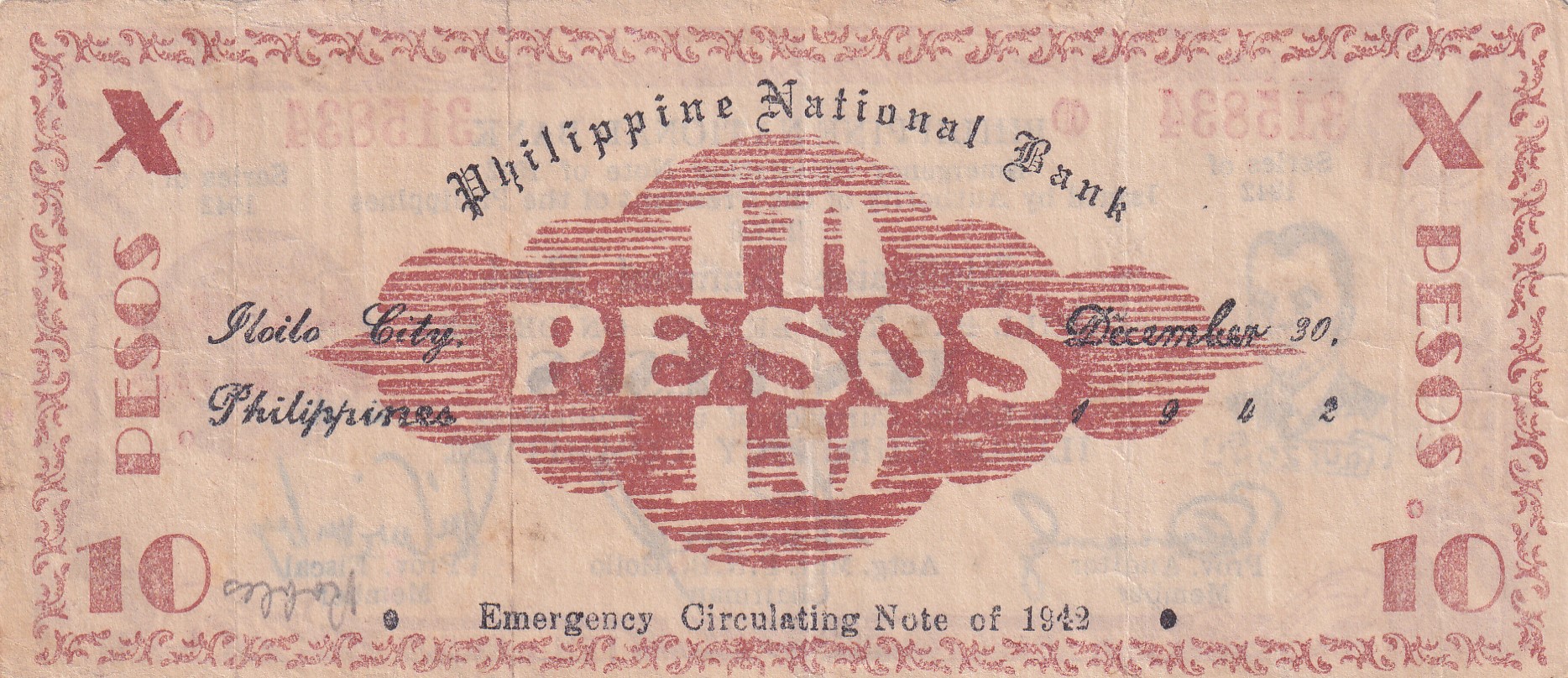 Philippines › Iloilo, 10 Pesos (1942) Old Issue Rare Note #B2