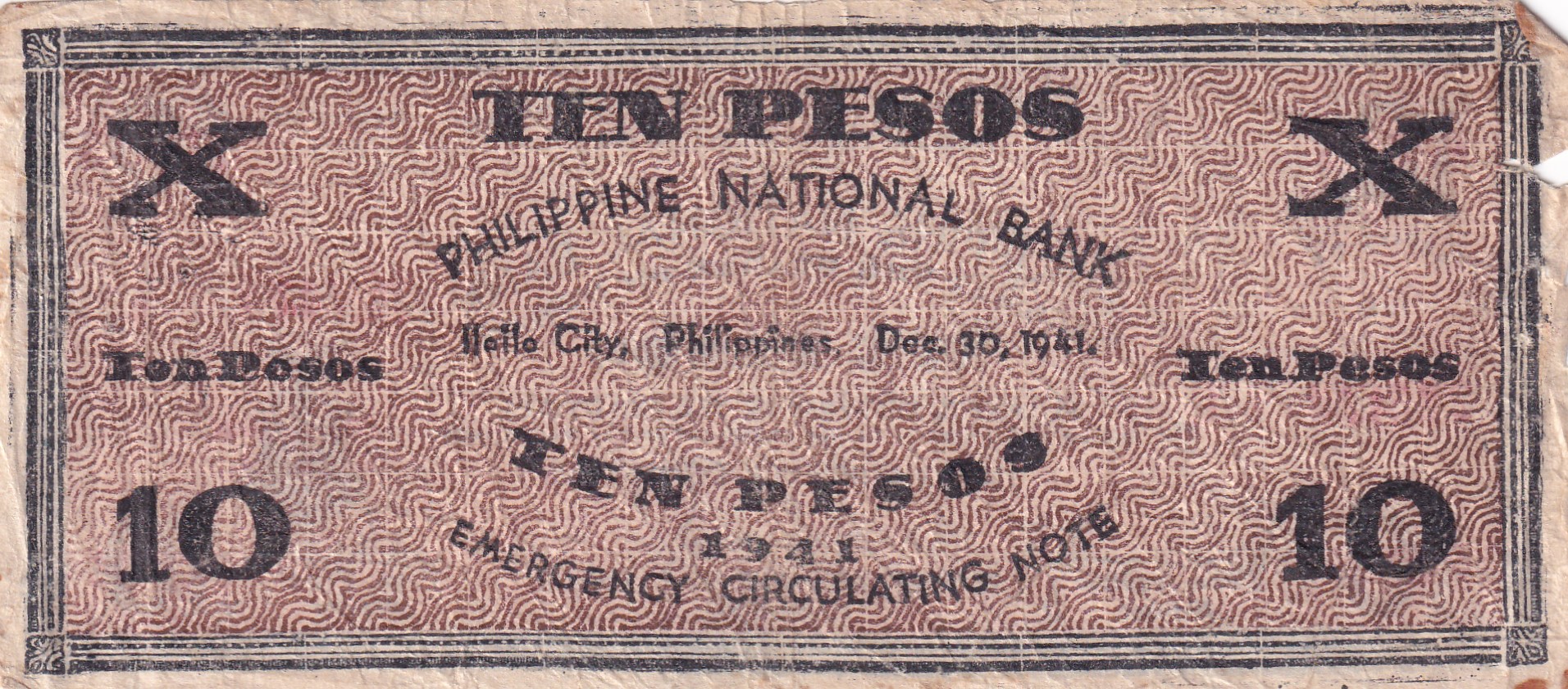 Philippines Iloilo, 10 Pesos(1941) Old Issue Rare Note #B2