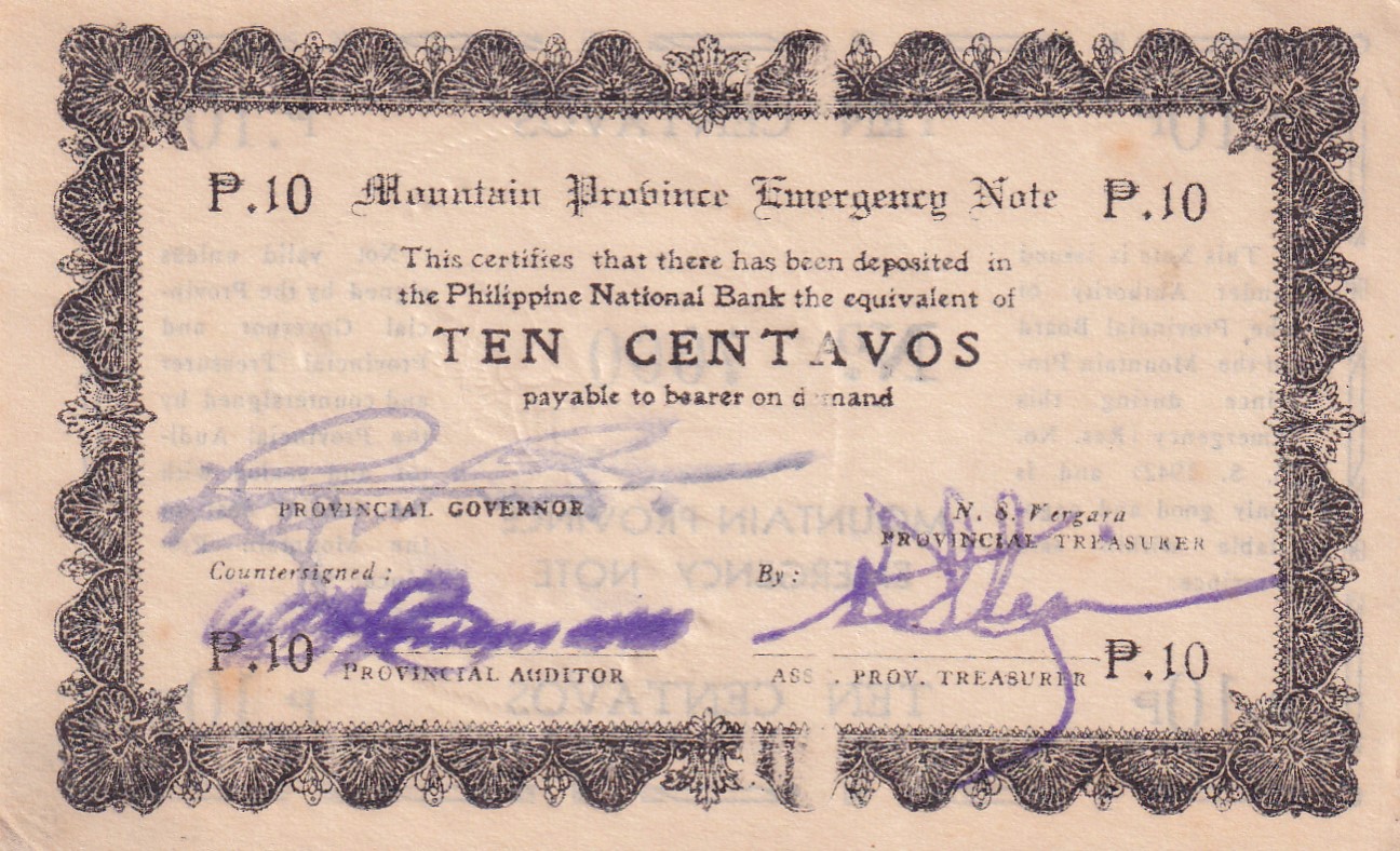 Philippines Mountain Province , 10 Centavos (1942) Old Issue Rare Note #B2