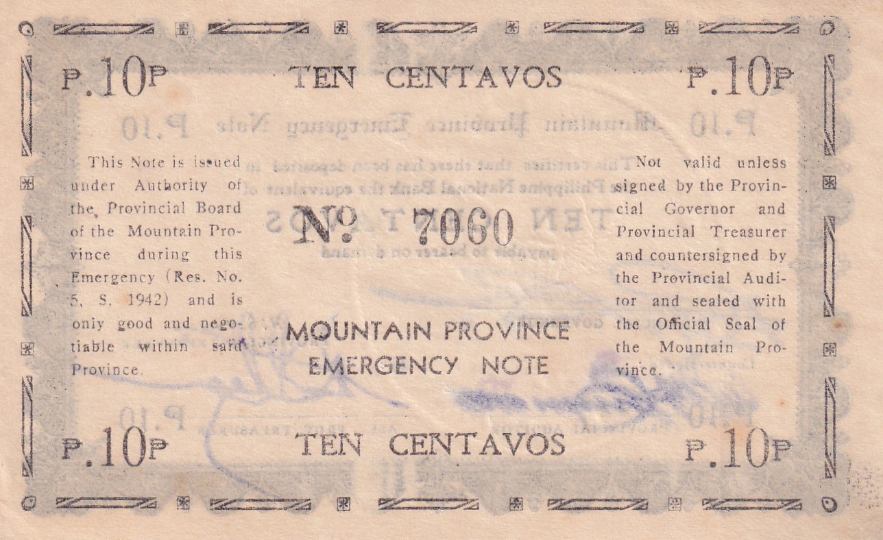 Philippines Mountain Province , 10 Centavos (1942) Old Issue Rare Note #B2