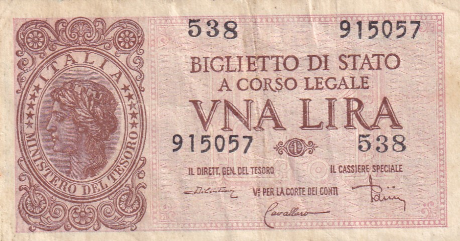 Italy 1 Lira (1944) Issue Rare Note #B2