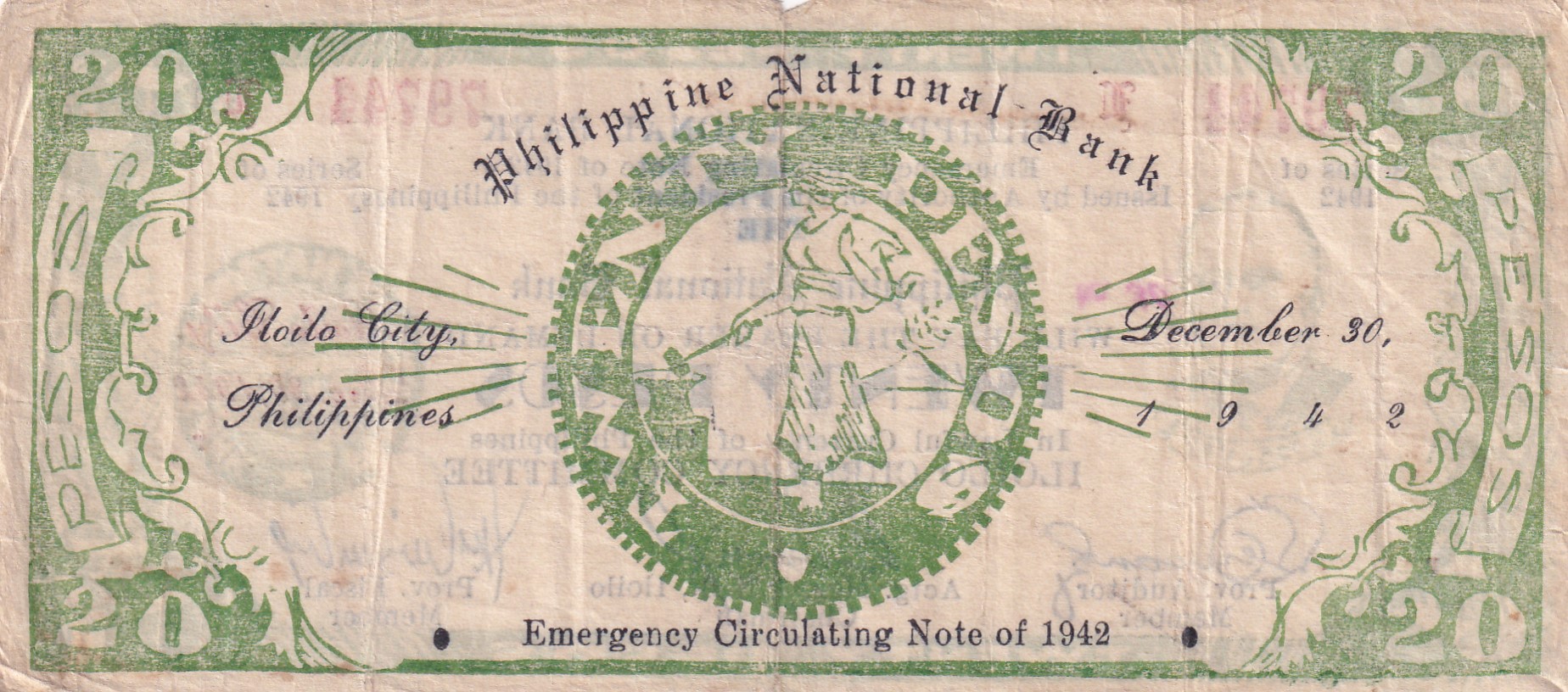 Philippines 20 Pesos 1942 Series Rare Note#B2 - Image 2
