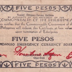 Philippines โบ Mindanao, 5 Pesos (1944) old Issue Rare Note #B2
