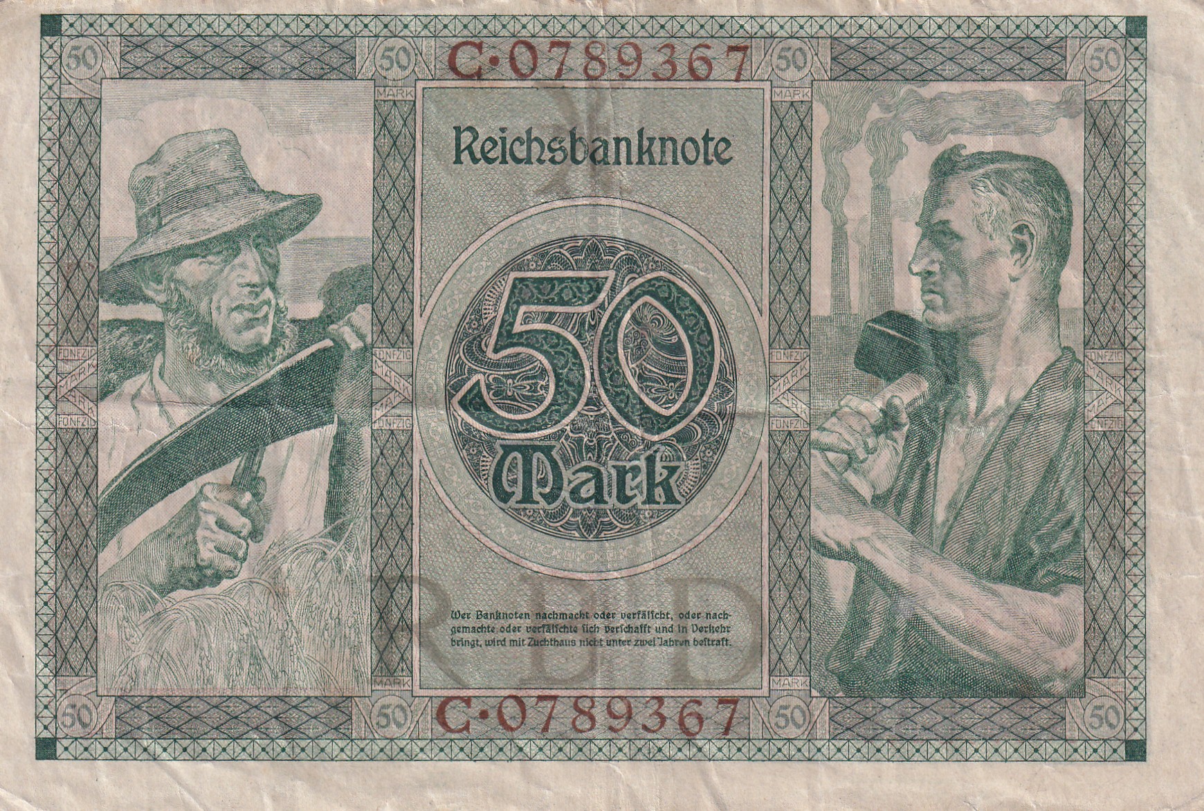 German 50 Mark (Reichsbank) 1920 Series Rare Note #B2