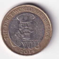 United Kingdom 2 Pounds 2014 - Elizabeth II 4th portrait; World War I Commemorative issue Rare Bimetallic Coin #E-377