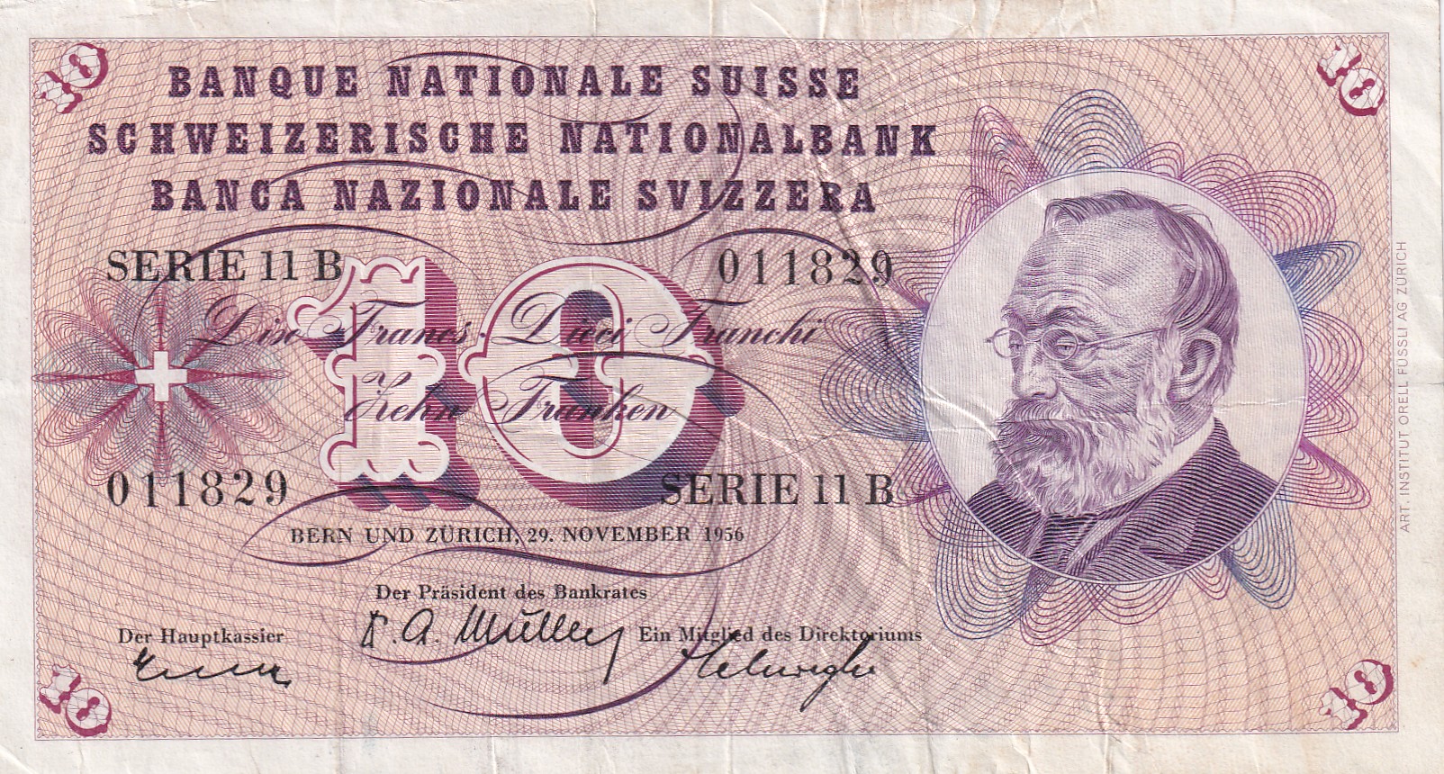 Switzerland 10 Francs (5th series) 1956 Rare Note #B2