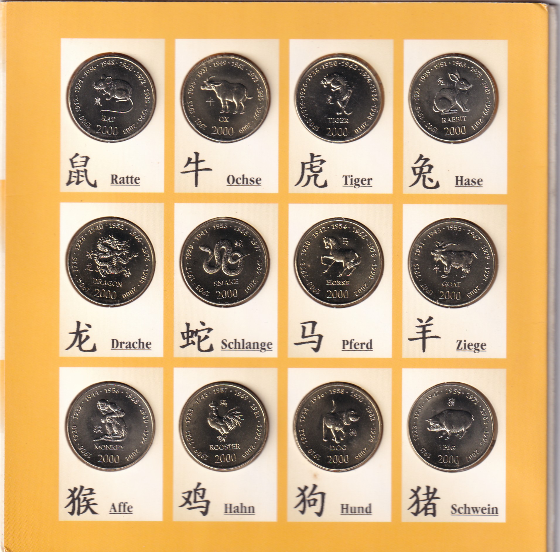 Somalia 12 Different 10 Shilling Lunar Series 2000 The 12 Chinese Zodiac Signs Mint Condition in Blister Pack