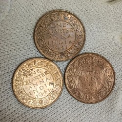 George Vi One Quater Anna Bronze Scare Coin 1941 Year Calcutta Mint 3 Pcs Top Condition British of India