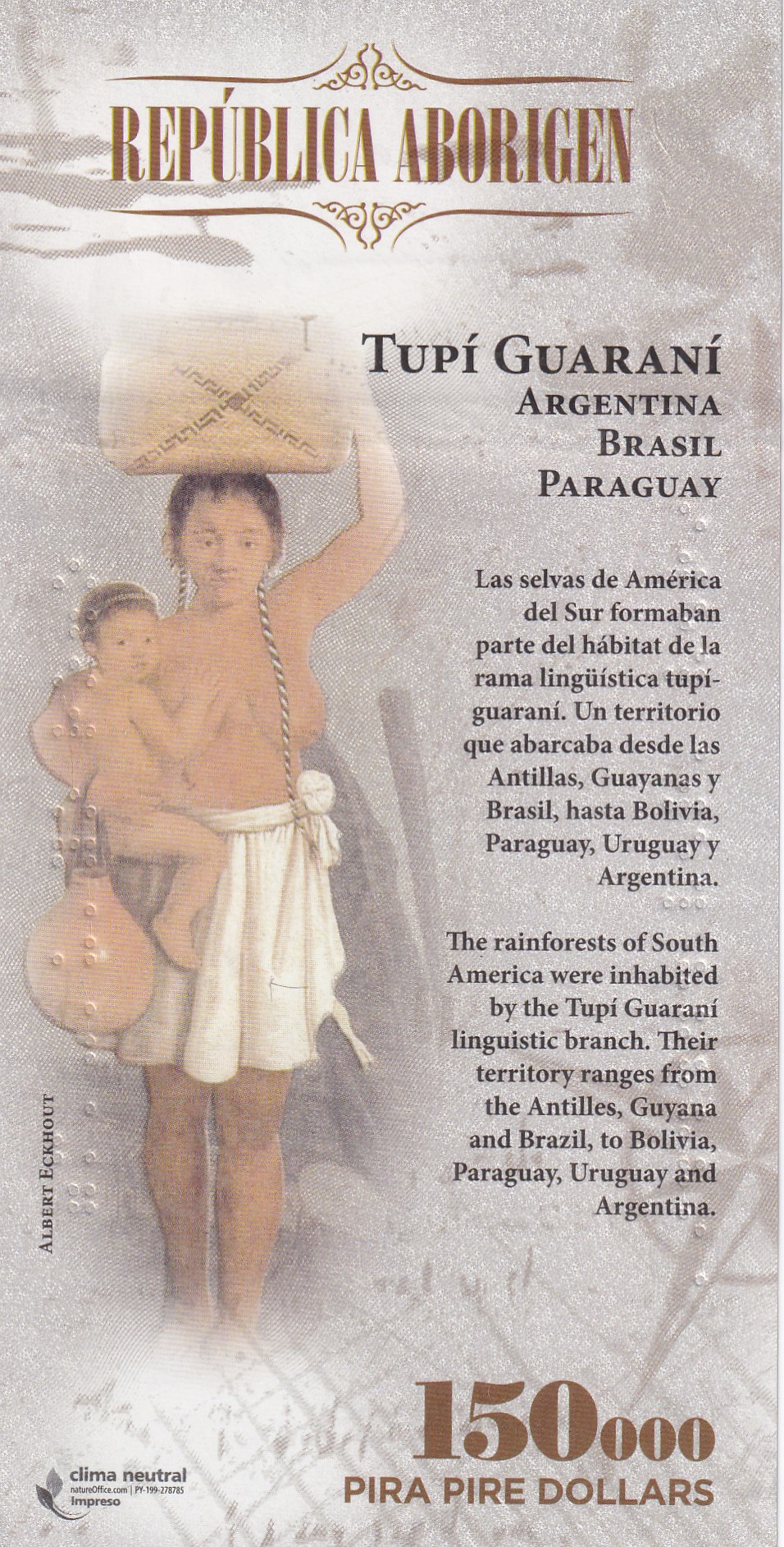 Republica Aborigen 150000 (150,000) Pira Pire $ Polymer 2014, UNC Red Parrot Polymer UNC Note #B2