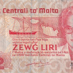 Malta 2 Liri Law of 1967 Rare Note (Low Condition AS Per Image) #B2