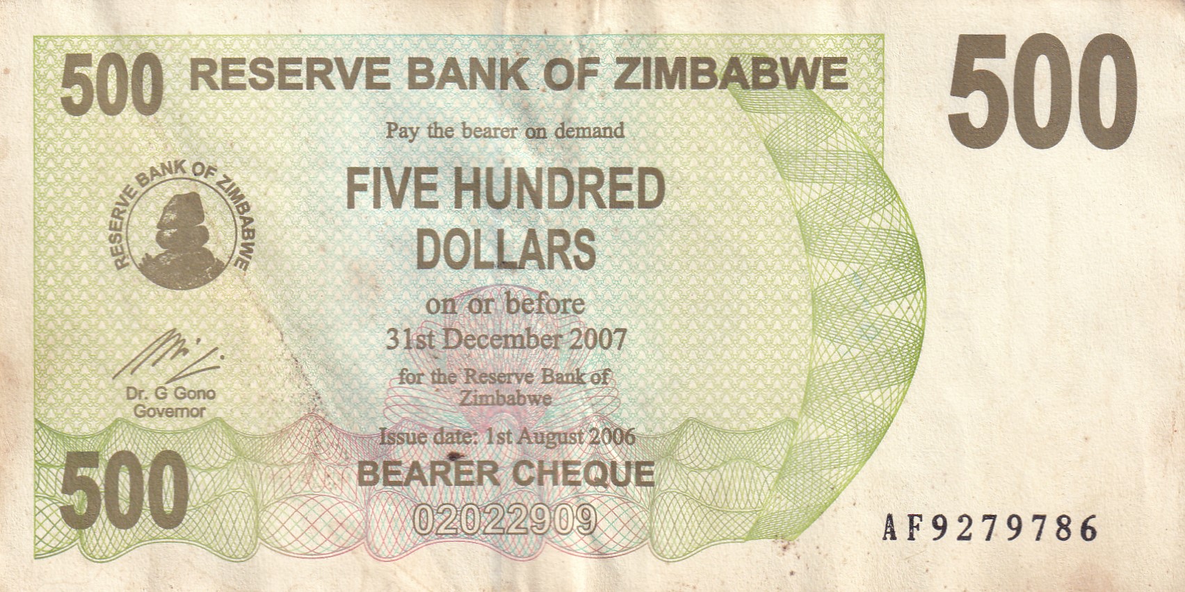 Zimbabwe 500 Dollars Rare Note with Fancy Number Ending 786