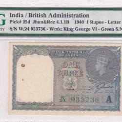 1 RUPEES 1940 GEORGE VI GOVERNOR C.E.JONES RARE (PMG GRADE 63)
