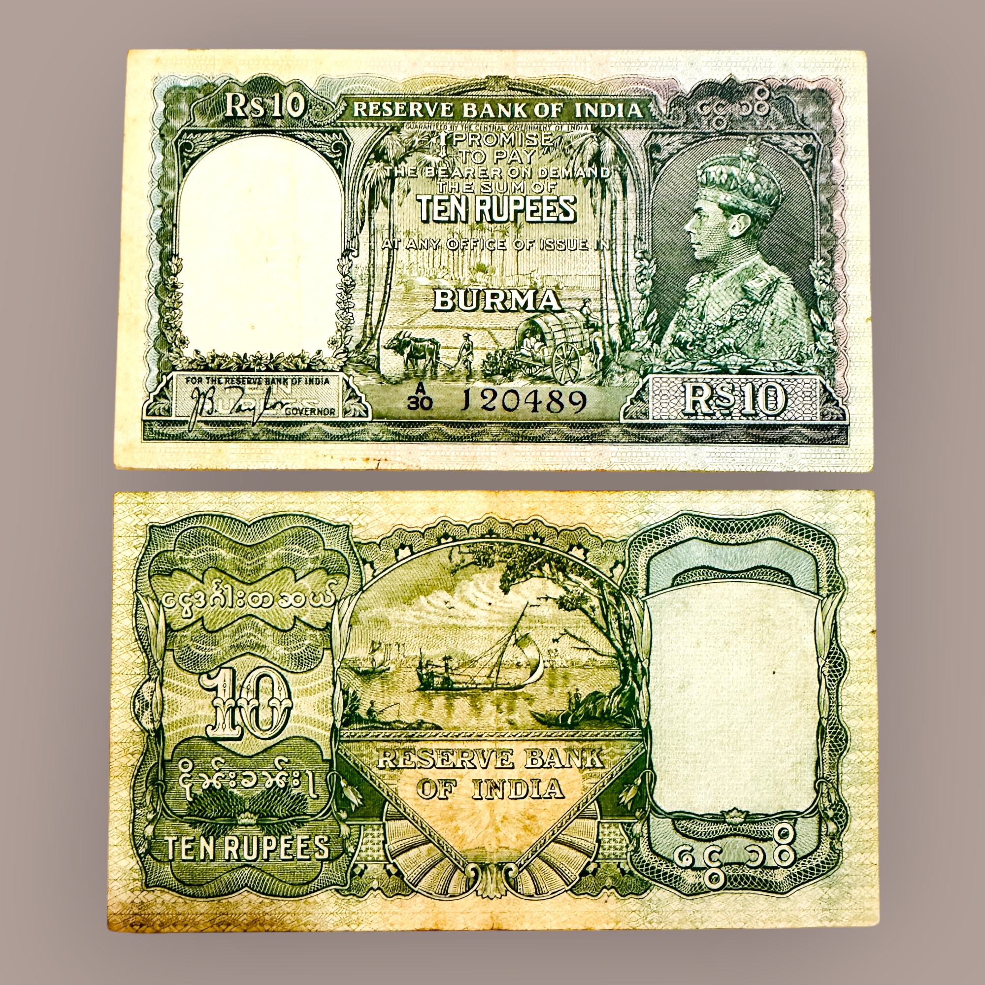 Rs 10 British India Banknote King George VI Reserve Bank Of India Burma Issue Excellent Collectible Quality Unique and Rare Issue