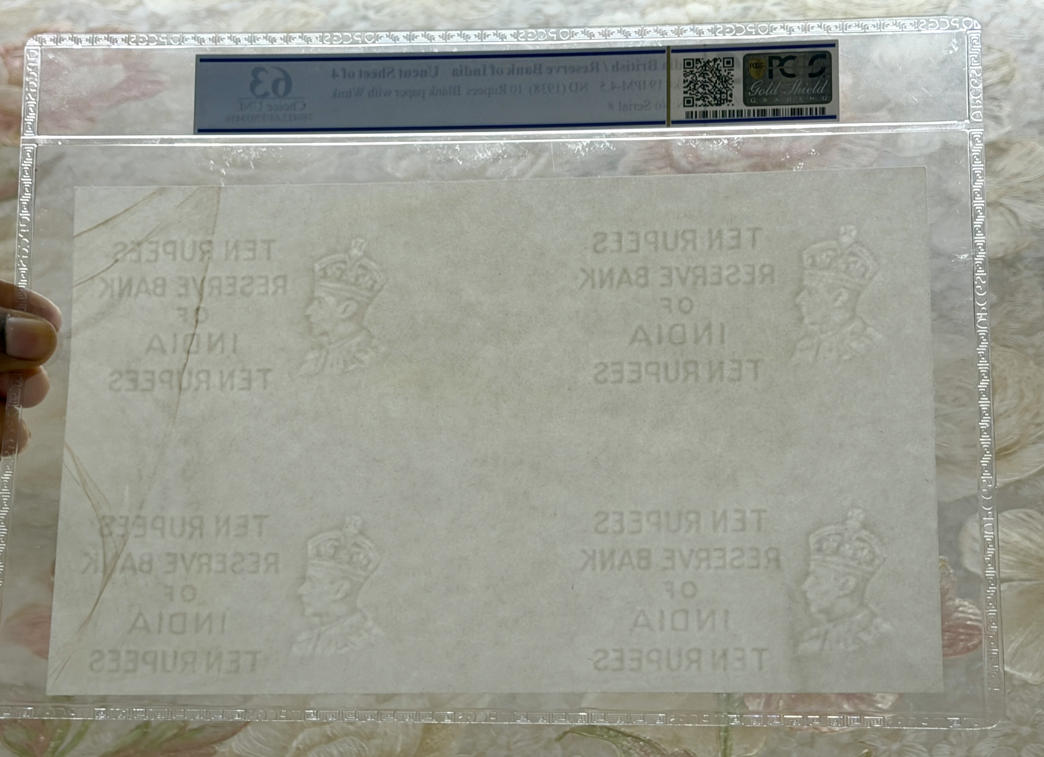 Pick19 ND 1938 10 Rupees Uncut Sheet of 4 Reserve Bank of India Blank paper with Wtmk Graded 63 - Image 2