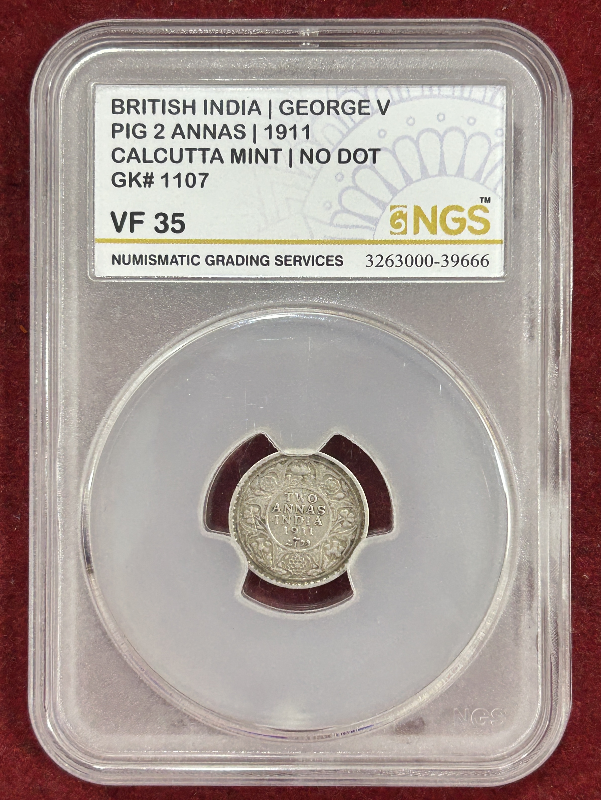 2 ANNA 1911 externally rare date GEORGE V RARE BRITISH INDIA CULCUTTA MINT SILVER COIN NGS GRADING #C-66