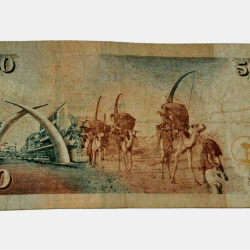 Alternative view of KENYA 50 SHILLINGS Portrait 1st President of Kenya "MZEE JOMO KENYATTA" and CAMEL CARAVAN Bank Note in Collectable Grade.
