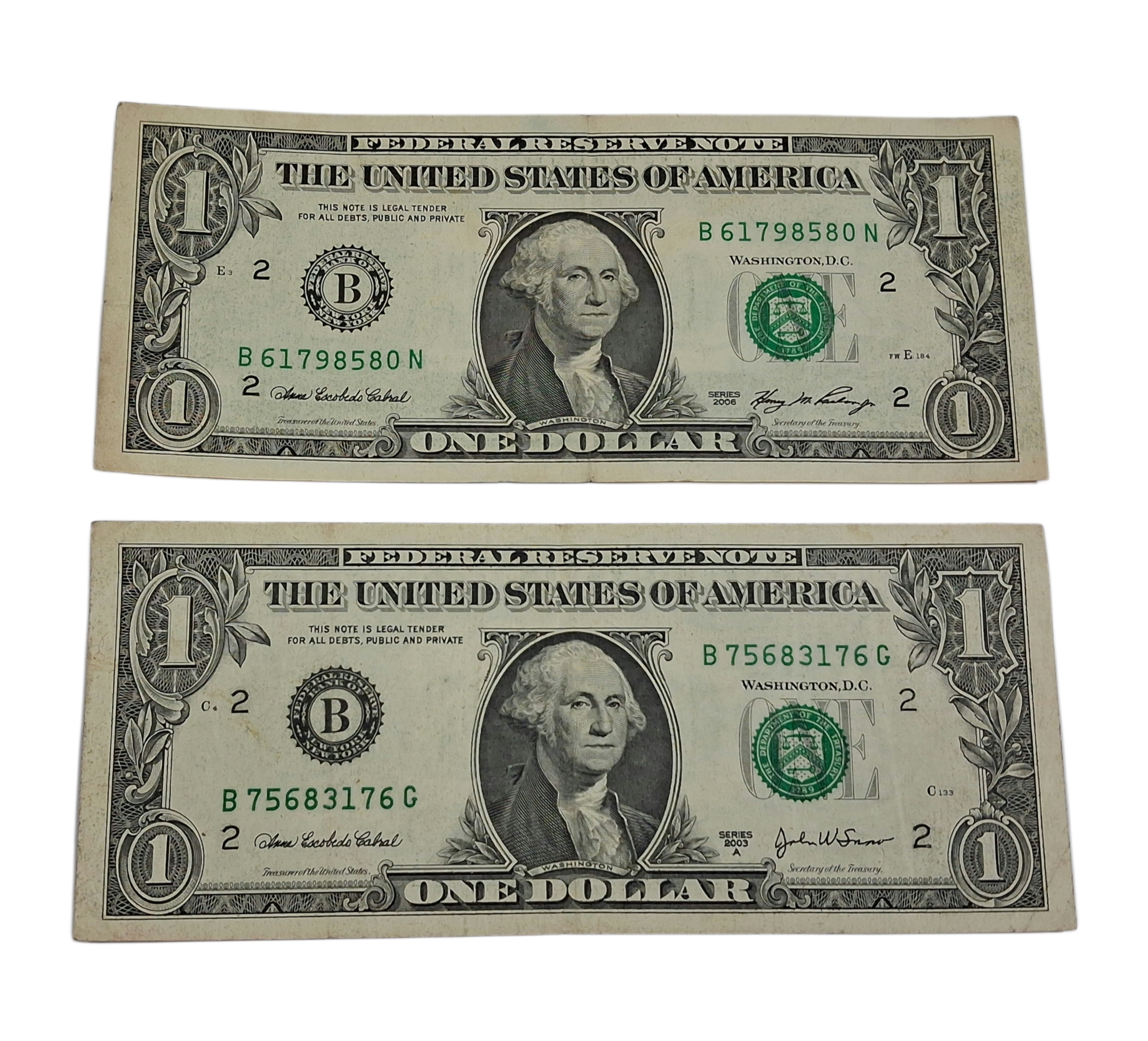 UNITED STATES OF AMERICA 1 DOLLAR Portrait of GEORGE WASHINGTON Bank Notes are in High Collectable Grades.