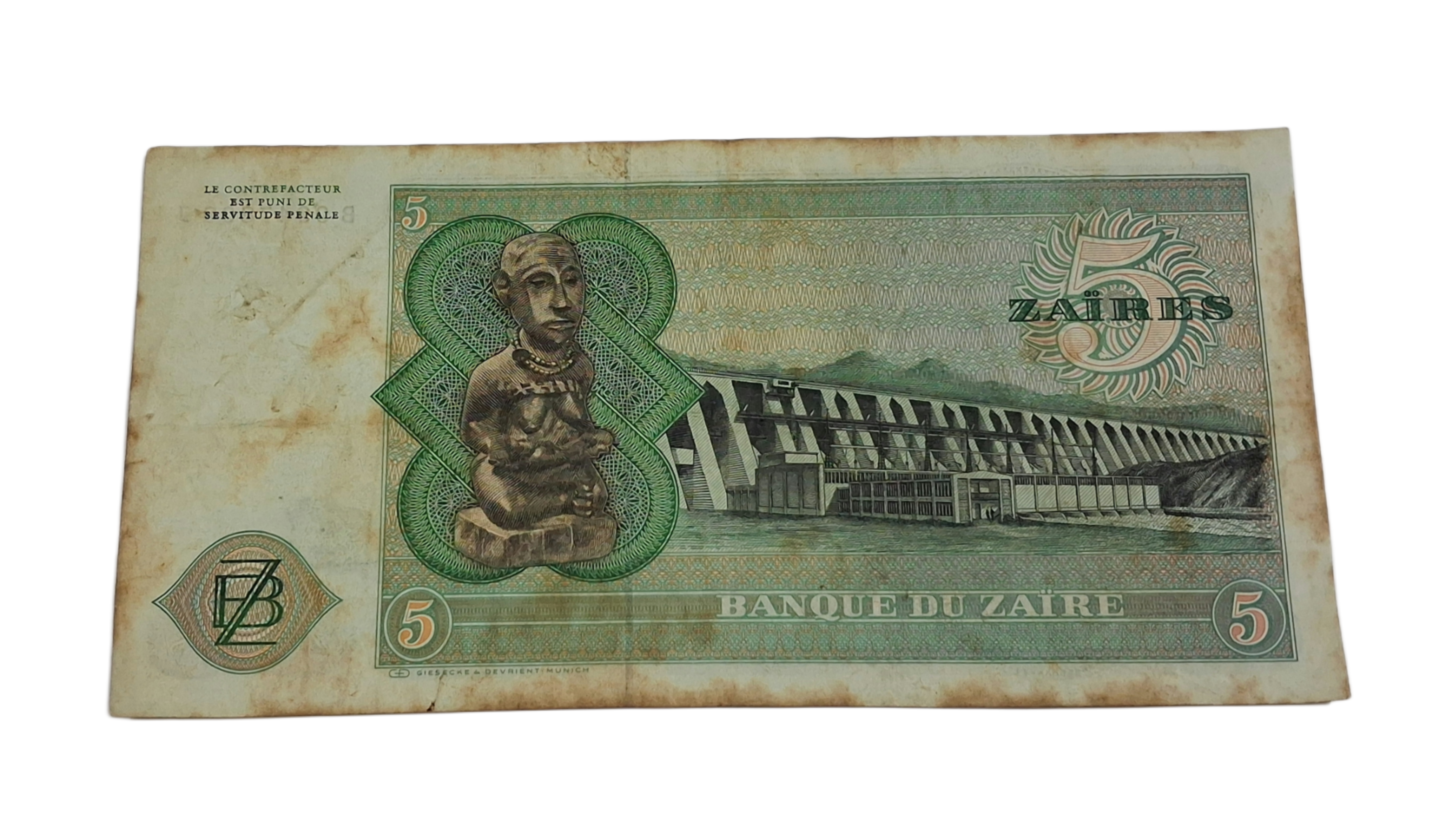 REPUBLIC OF ZAIRE 5 ZAIRES Year 1977 Portrait of the President MOBUTU SESE SEKO "Big Size" Bank Note **RARE** Collectable Grade. - Image 2