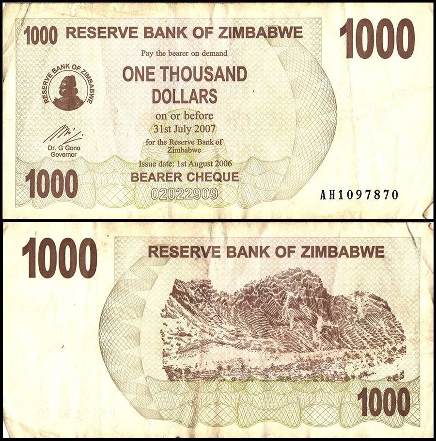Zimbabwe 1000 Dollars World Banknote Bearer Cheque 2006 P44 Used Unique and Rare