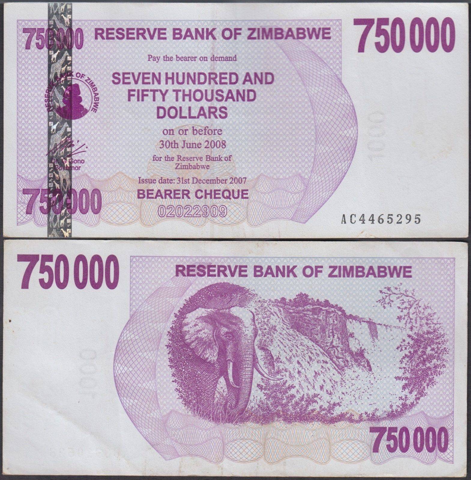 Zimbabwe 750000 Dollars World Banknote Bearer Cheque 2007 P52 Used Unique and Rare