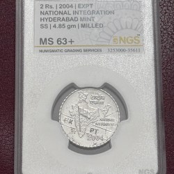 Extremely Rare 2 Rupees 2004 EXPT NGS Graded MS 63+ Hyderabad Mint Genuine Coin