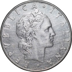 Alternative view of Steel 50 Lira of Italy (AD 1977) with God Vulcan beating iron on an anvil
