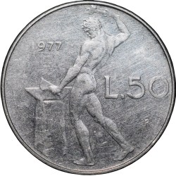 Steel 50 Lira of Italy (AD 1977) with God Vulcan beating iron on an anvil