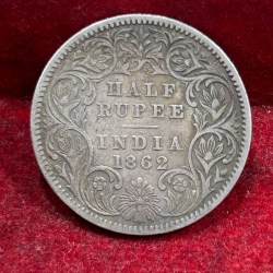 India - British ½ Rupee 1862 - Victoria Rare Silver Coin