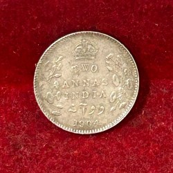 British-India 2 Annas (Edward VII) 1904 Rare Silver A-U Condition Coin