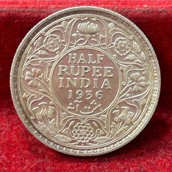 British-India ½ Rupee -(George V) 1936 Rare Silver A-U Condition Coin