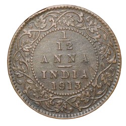 Alternative view of Bronze 1/12 Anna of George V (AD 1913) of Calcutta Mint KM 509 Rare Date Beautiful Grade