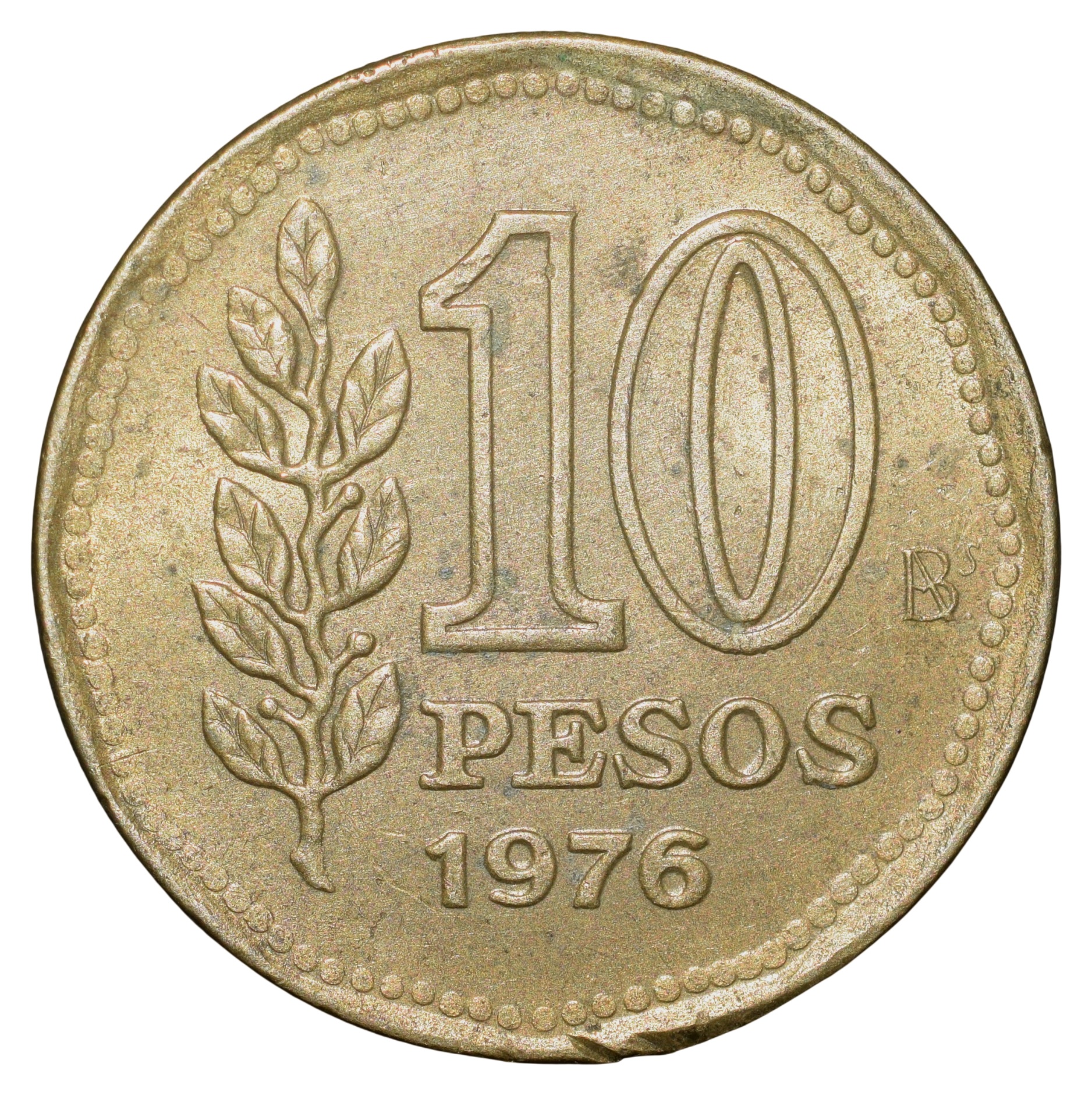 Brass 10 Pesos of Argentina (AD 1976) with 'Sol de Mayo' (Spanish: 'Sun of May')
