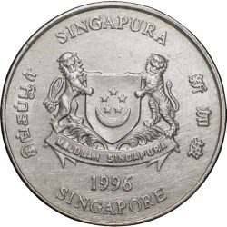 Alternative view of Copper-Nickel 20 Cents of Singapore (AD 1996) with Powder-puff plant fronds Flower
