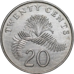 Copper-Nickel 20 Cents of Singapore (AD 1996) with Powder-puff plant fronds Flower