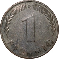 Alternative view of Old Bronze 1 Pfennig of Germany (AD 1950) with Oak Sapling