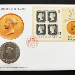 1 Crown 1840-1990 Penny Isle Of Man Post Office Official Stamp & Coin Cover UK
