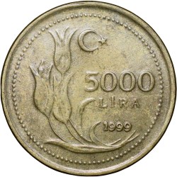 Alternative view of Brass 5000 Lira of Turkey (AD 1999) with Head of Atatürk left