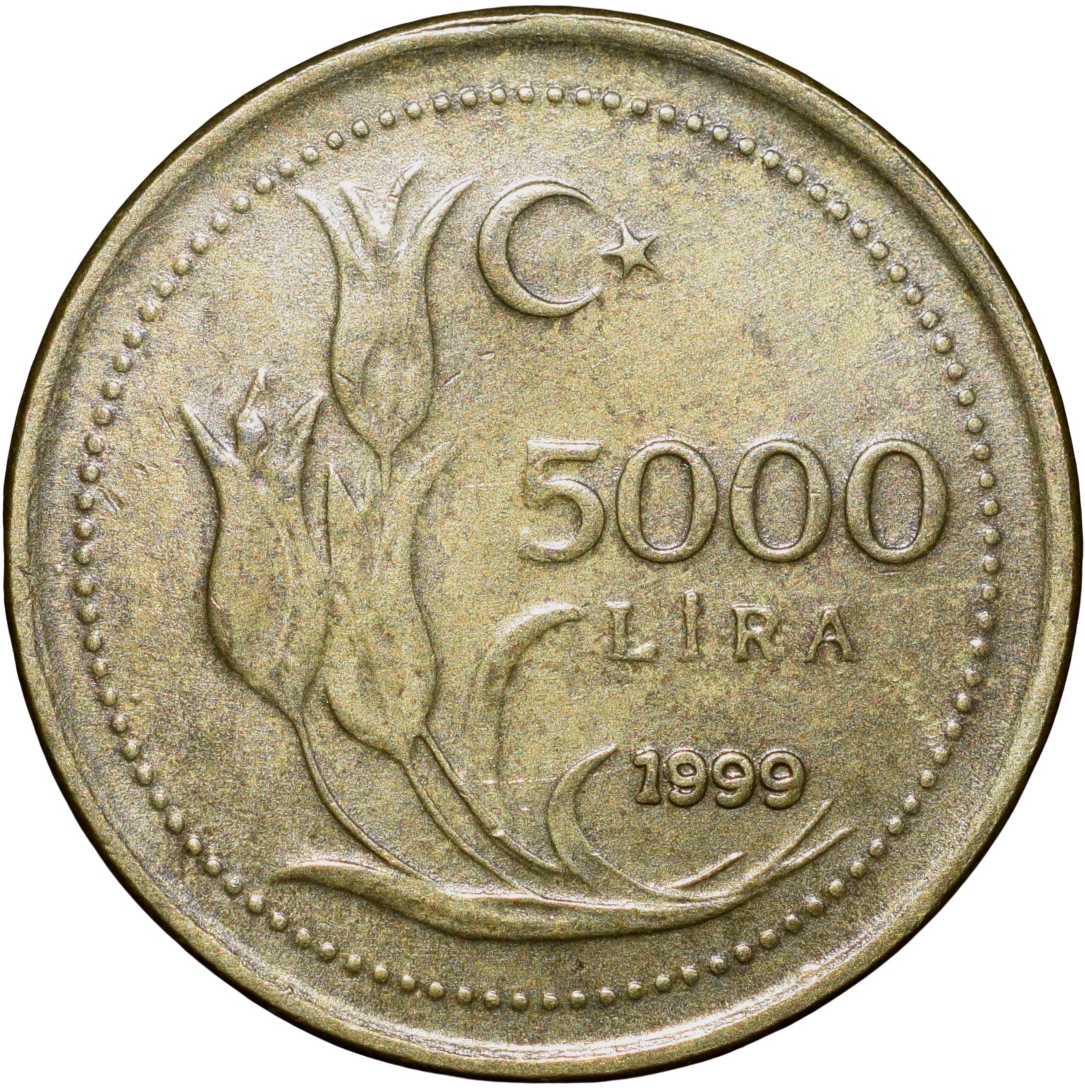 Brass 5000 Lira of Turkey (AD 1999) with Head of Atatürk left